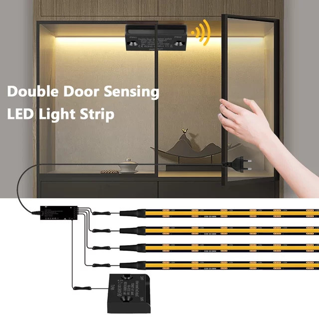 Lcamaw COB LED-Lichtstreifen Set 12V in Schwarz mit zwei Türsensorschaltern, warmweiß, zuschneidbar, für Schränke und Weinkisten - Bild 1