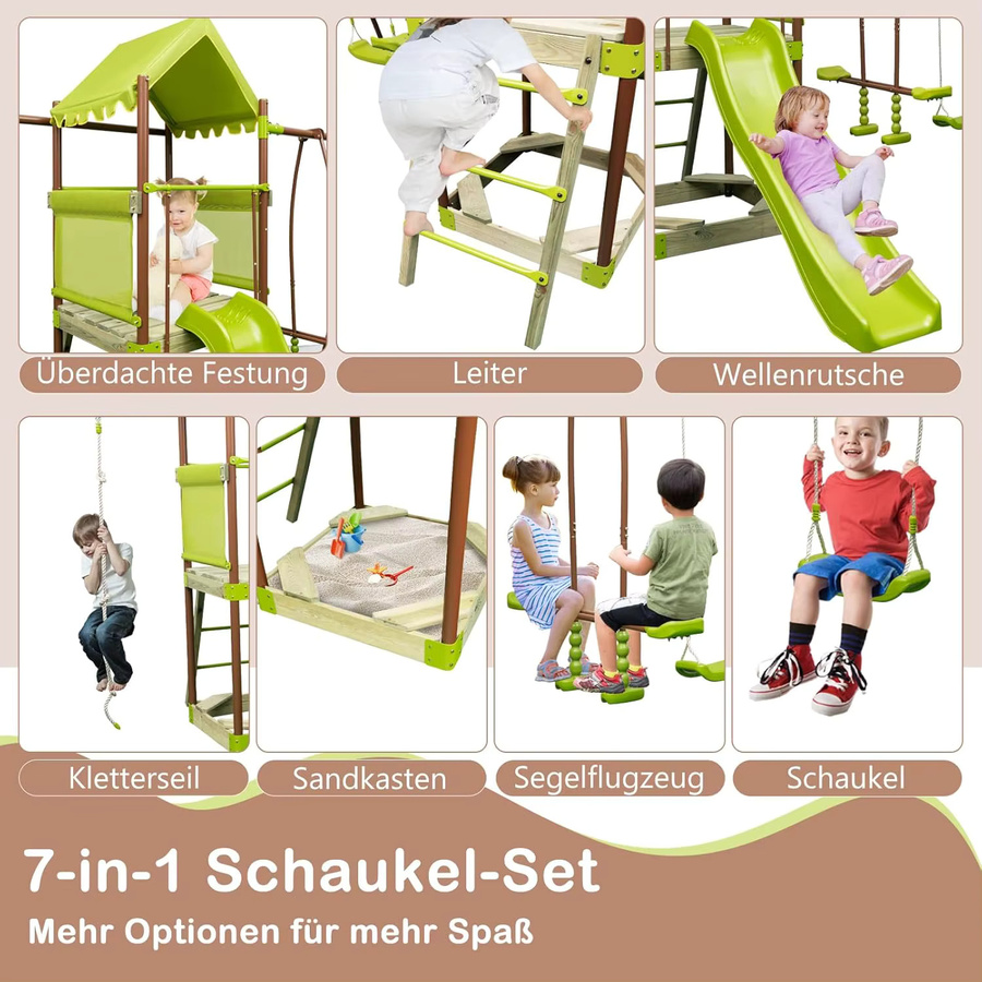 GOFLAME Spielturm Klettergerüst in Grün mit Schaukel, Rutsche, Kletterseil, Leiter und Sandkasten für Kinder - Bild 2