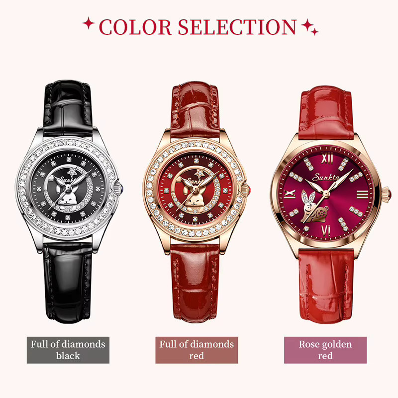 SUNKTA Armbanduhr Quarz, Leder, Rot, Diamantbesetzt, Damen - Bild 5