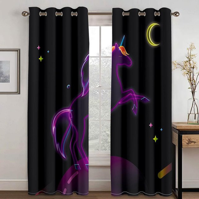 Yiran Furniture Einhorn Vorhänge mit Regenbogen-Pferd-Muster für Kinderzimmer, halbtransparent, Mehrfarbig, B: 50 cm, H: 60 cm, 2 Stück inklusive Haken - Bild 1