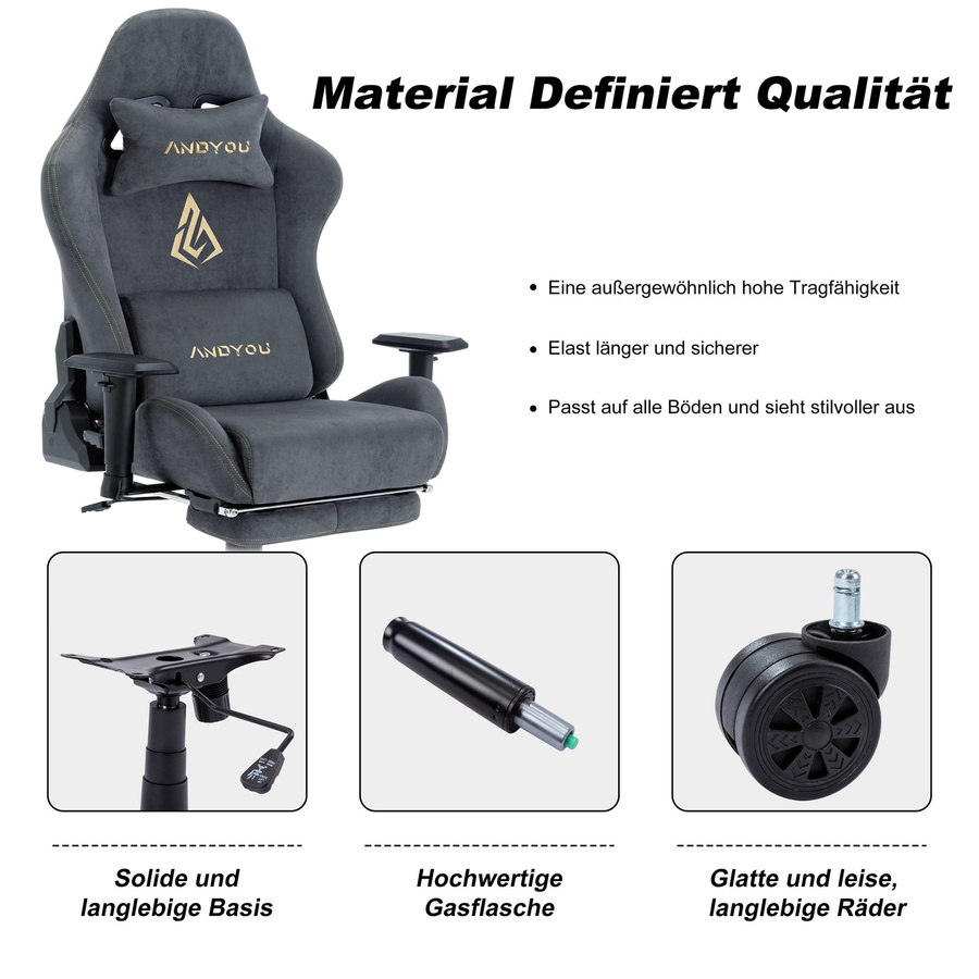 Andyou Gaming Stuhl in Blau mit Kopfstütze, Fußstütze und ergonomischer Lordosestütze für Home-Office und Gaming - Bild 4