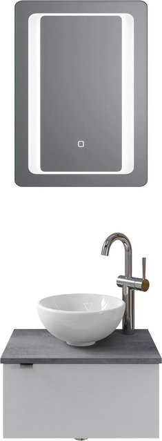 Pelipal Badmöbel-Set Serie 6915 in Weiß Glanz und Dunkelgrau Oxid mit Keramik Aufsatzbecken, Waschtischunterschrank und Funktionsspiegel mit LED-Beleuchtung und Sensor-Schalter, Breite: 51 cm - Bild 1