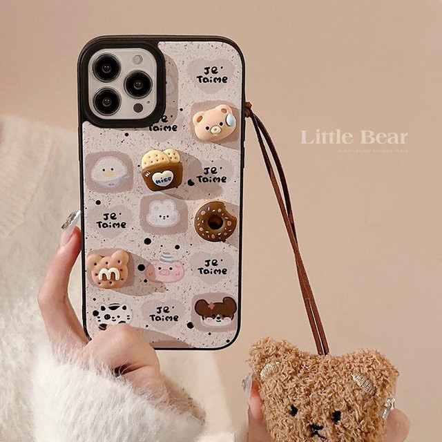 Apple iPhone Handyhülle mit 3D-Kekse Cartoon-Bär Design und Plüsch-Bär-Anhänger, stoßfeste Hartschale, mehrfarbig - Bild 1