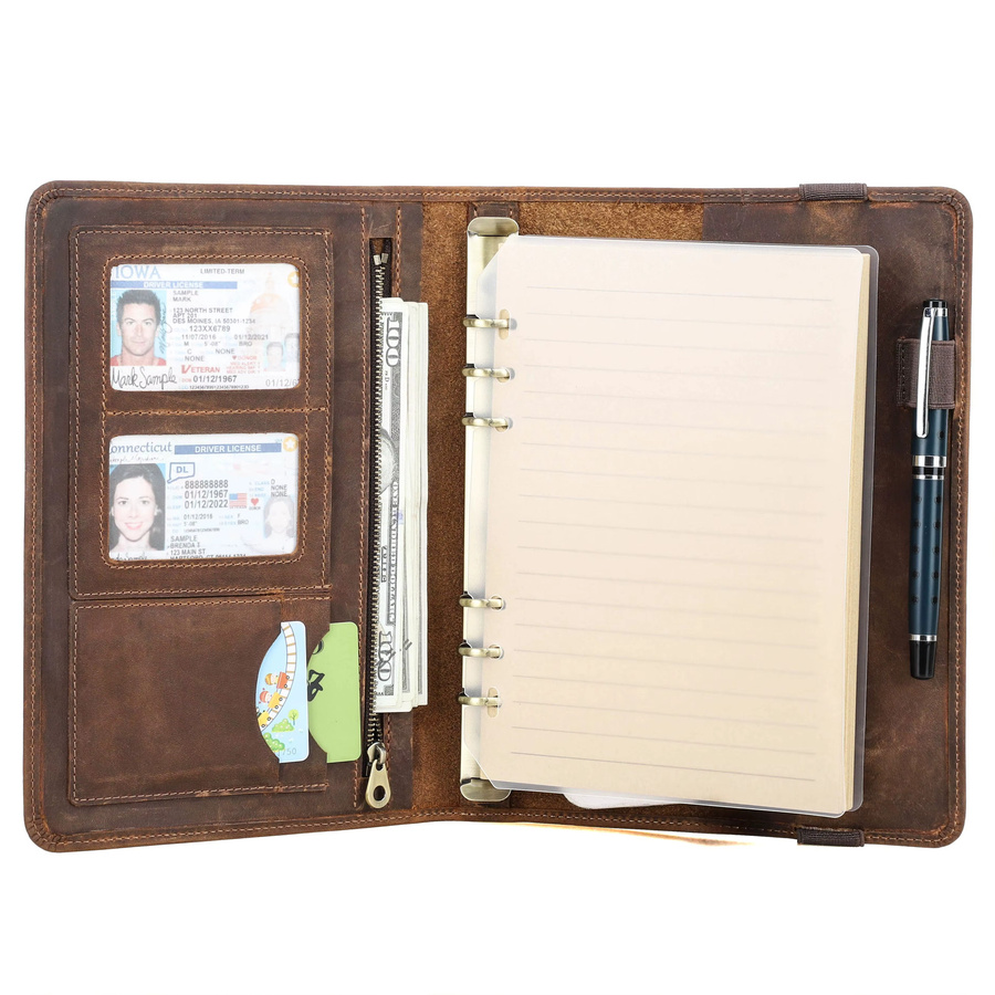 Retro Business A5 Notizbuch mit Lederbezug in Braun, Portfolio mit 6-Ring-Binder, Hardcover und Kartenfächern - Bild 6