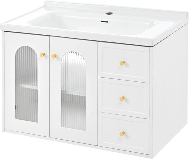 PXloue Schwebender Badschrank mit Keramikwaschbecken und 2 Schubladen, Weiß und Gold - Bild 1