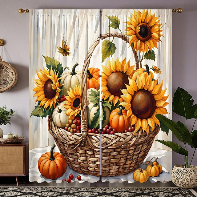 2er-Set dekorative Vorhänge mit Sonnenblumen-Blumenkorb-Motiv in Gelb und Orange, Breite: 132 cm, Höhe: 160 cm - Bild 1