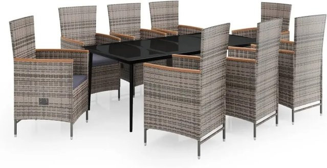 vidaXL 9-teilige Garten-Essgruppe aus Akazienholz und PE-Rattan in Grau mit Glasplatte und Auflagen - Bild 1