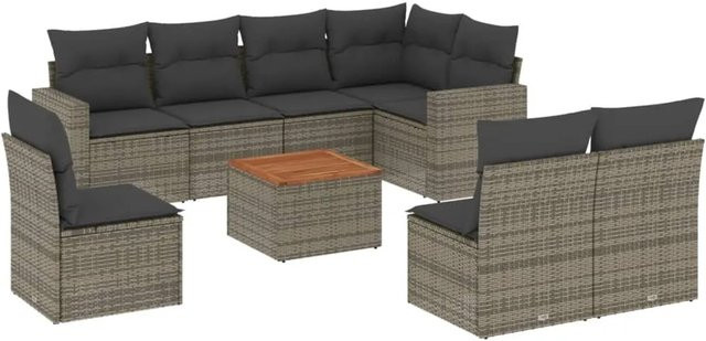vidaXL 9-teilige Garten-Sofagarnitur aus Poly-Rattan und Akazienholz in Grau mit Kissen - Bild 1