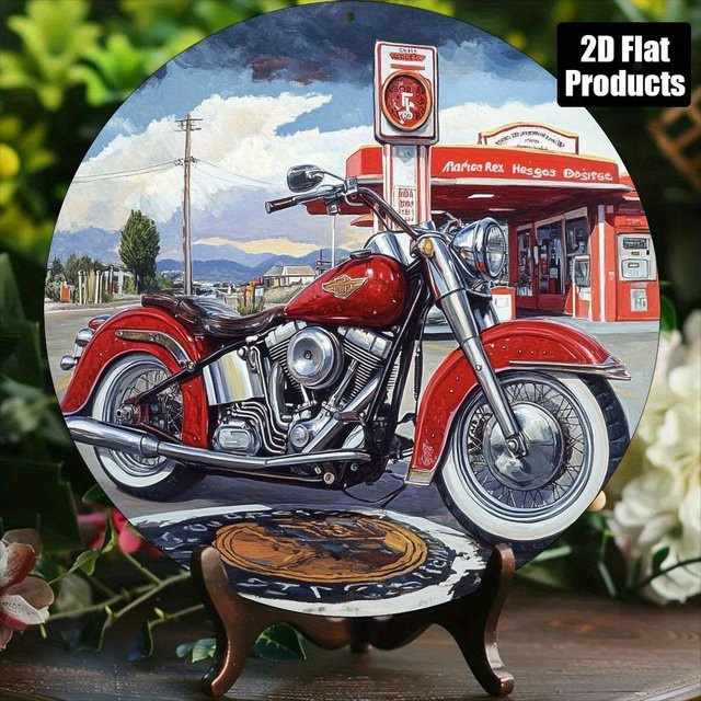 Potdemiel Davidson Motorrad & Vintage Tankstelle Aluminium Wandkunst, rundes Retro-Americana-Dekor aus Metall, Mehrfarbig, Durchmesser: 20,32 cm - Bild 1