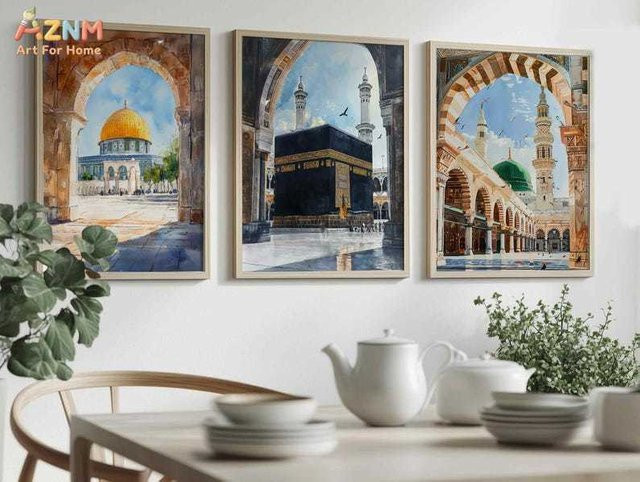 AZNM Aquarell Leinwandgemälde Islamische Heilige Stätten Kaaba Felsendom Prophetenmoschee Mehrfarbig Ungerahmt - Bild 1