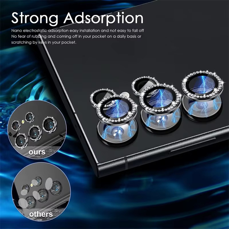Bling 3D Diamant Metall Kamera Ring Schutz für Samsung S25 S24 Plus S23 S22 Ultra 5G mit gehärtetem Glas in Silber - Bild 2