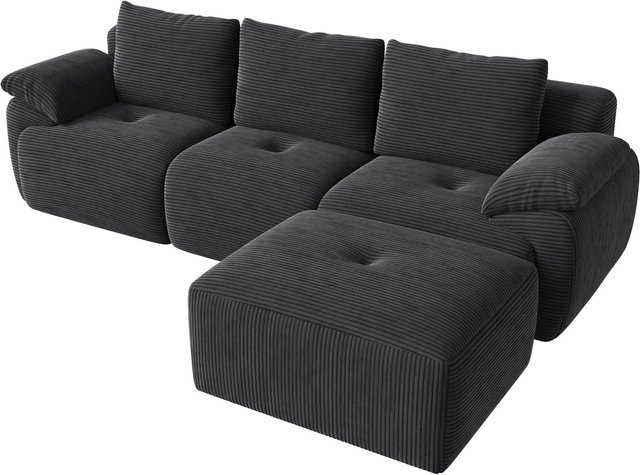 PXloue 3-Sitzer-Sofa in L-Form aus Cordstoff mit Hocker und Armlehnen, modern und wendbar, beige und grau - Bild 1
