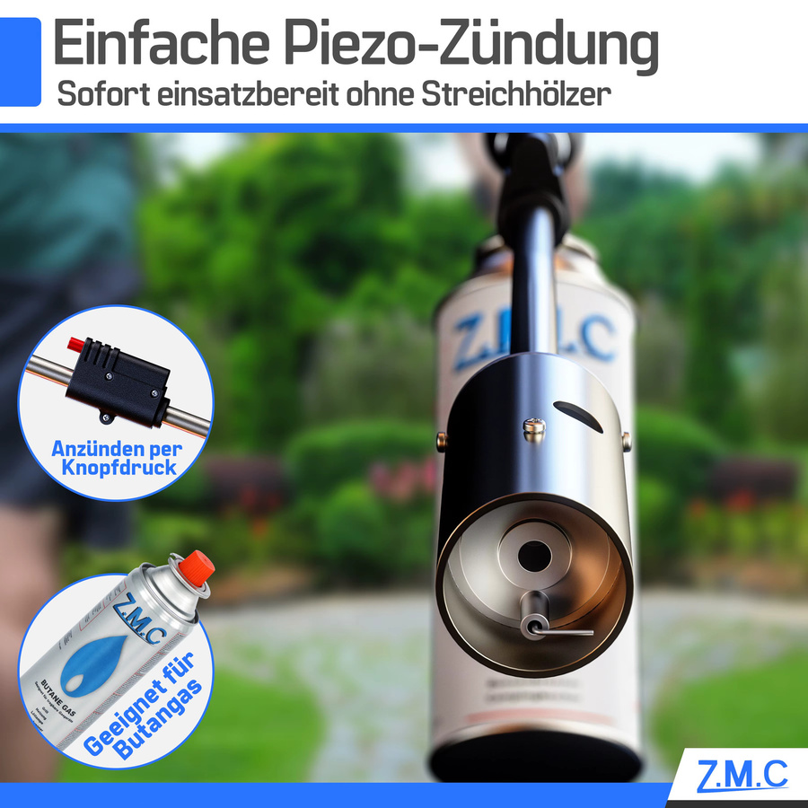 ZMC Unkrautbrenner 2,5 kW mit Piezo-Zündung und Abflammgerät in Silber, geeignet für Garten und Hof, verwendbar mit 227g Gaskartuschen - Bild 3