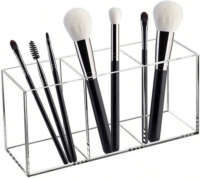 Transparenter Drei-Fächer-Pinselhalter aus Kunststoff als Desktop-Aufbewahrungsbox für Make-up-Pinsel, Stifte und Kamm-Organizer - Bild 1