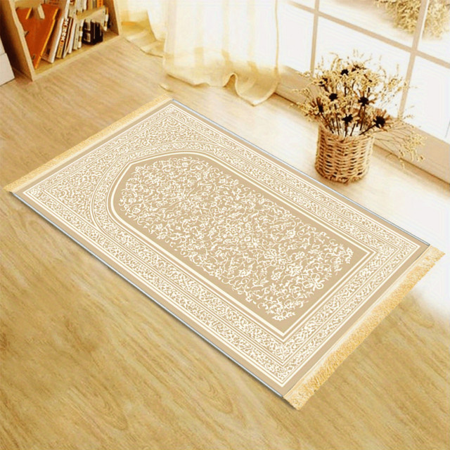 VIKAMA Gebetsteppich aus Polyester in Beige, rutschfeste und faltbare islamische Salah-Matte im orientalischen Design für Zuhause und Reisen - Bild 1