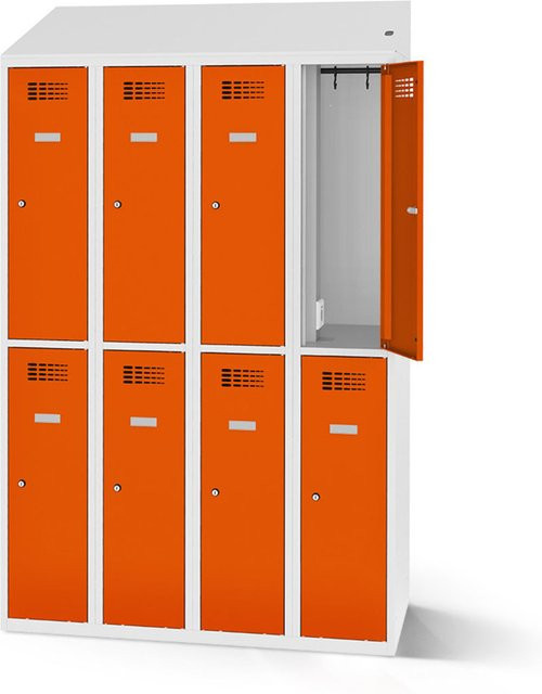 rotstahl Garderobenspind mit 8 Türen und Ladefunktion in Orange mit lichtgrauem Korpus, B: 120 cm, H: 200 cm - Bild 1