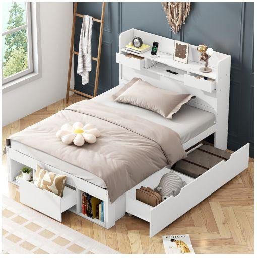 Einzelbett MUVOE aus Massivholz mit USB-Anschluss und Schubladen, Weiß, B/T/H: 90 x 200 cm - Bild 1
