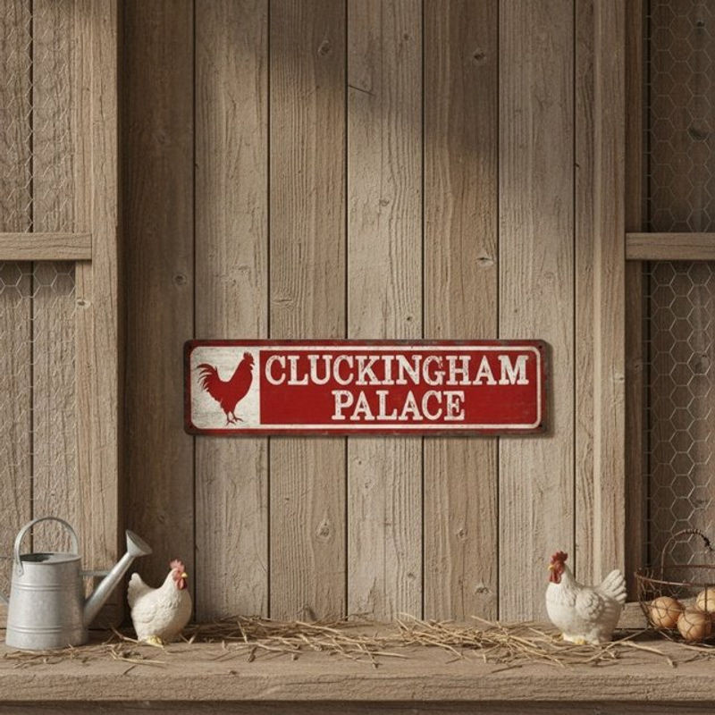 Rustikales Metall-Blechschild Cluckingham Palace Hahn in Rot für die Wandmontage, B/H: 40 x 40 cm - Bild 1