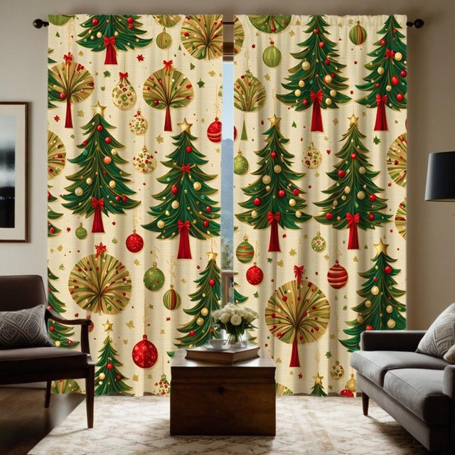 2-teiliges Set Weihnachtsbaum-Vorhang mit digitalem Druck, grün und schwarz, B: 132 cm, H: 160 cm - Bild 1