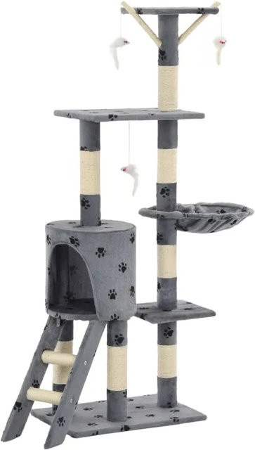 vidaXL Katzen-Kratzbaum mit Höhle und integriertem Spielzeug in Grau mit Pfoten-Muster, Höhe: 138 cm - Bild 1