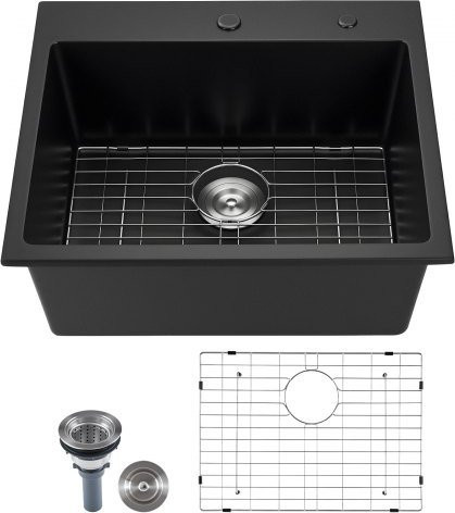 VEVOR Küchenspüle aus Granitkomposit in Schwarz zur Aufputzmontage mit Zubehör, Einbauspüle im Landhausstil für Wohnmobile, Bars und Vorbereitungsküchen, B/T/H: 63,5 x 55,9 x 25,4 cm - Bild 1
