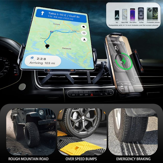 Magnetische kabellose Autohalterung mit 15 W Schnellladefunktion und einziehbarem Kabel in Schwarz für iPhone und Samsung Galaxy - Bild 1