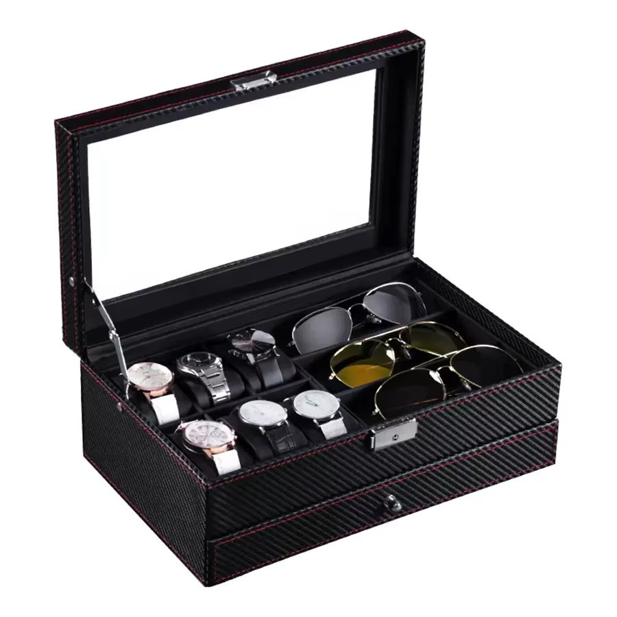DOKW Uhrenaufbewahrungsbox in Schwarz mit Carbon-Grain-Optik als tragbare Schmuckpräsentationsbox für Brillen und Ohrringe - Bild 2