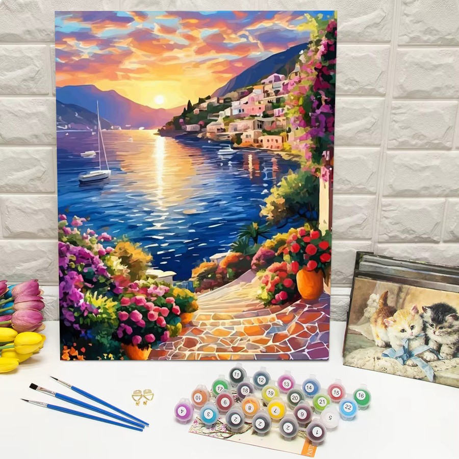 Huacan DIY Ölgemälde nach Zahlen Meeres- und Berglandschaft mit Küste und Sonnenuntergang in Multicolour - Bild 3