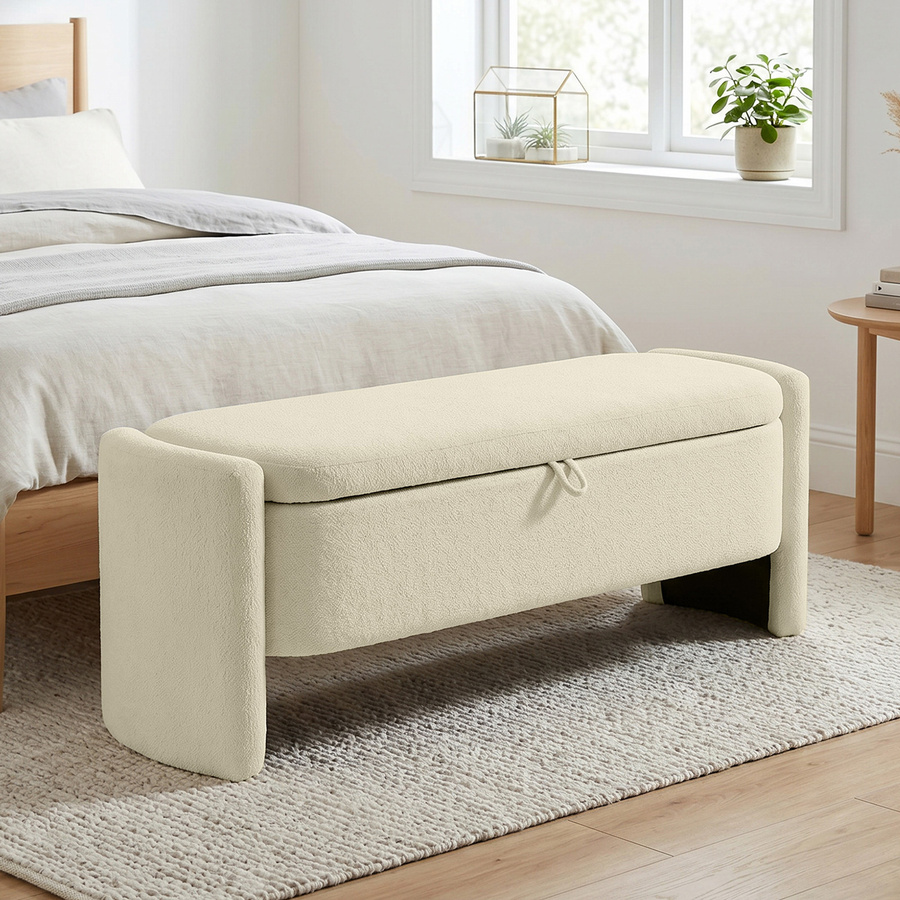 HOMCOM Bettbank Fußende als gepolsterte Aufbewahrungsbank aus Bouclé-Stoff mit Eukalyptusholz-Füßen, Farbe: Beige, B/T/H: 118 x 42 x 45 cm - Bild 2