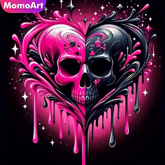 Momoart DIY Diamantmalerei Skelett-Horror-Set mit Herz-Muster in Pink für Erwachsene und Anfänger als Wandkunst - Bild 1