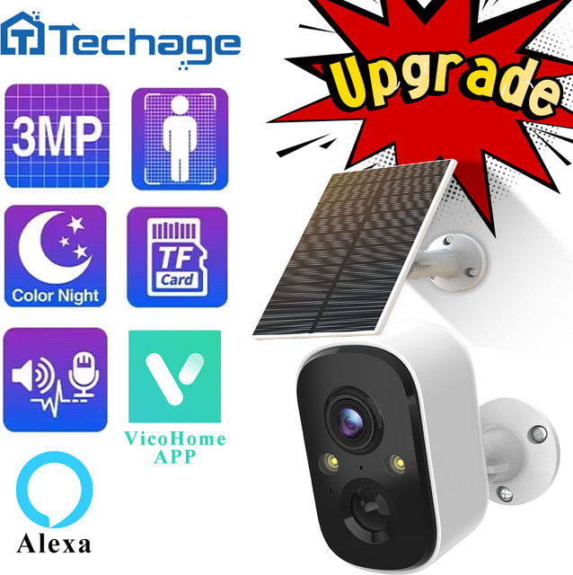 Techage 3MP WLAN-Solar-Sicherheitskamera in Weiß mit PIR-Bewegungserkennung, Personenerkennung, 2-Wege-Audio und Alexa-Kompatibilität - Bild 1