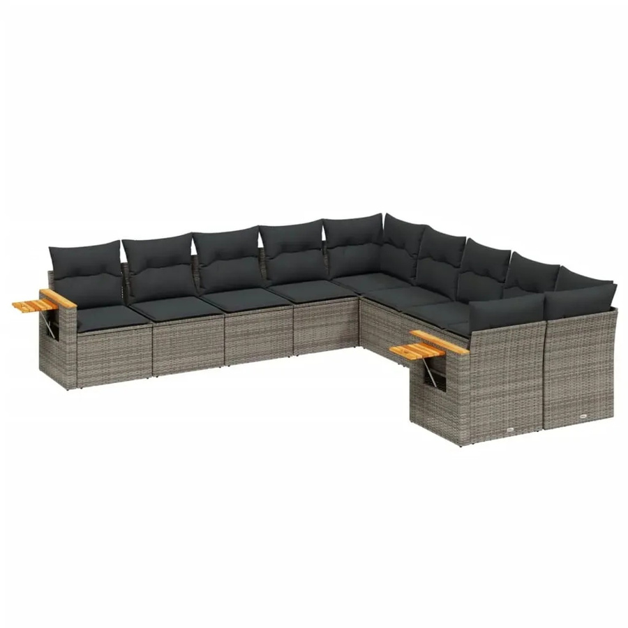 vidaXL 10-teilige Garten-Sofagarnitur in L-Form aus Poly-Rattan und Akazienholz in Grau mit Kissen und abnehmbaren Bezügen - Bild 2