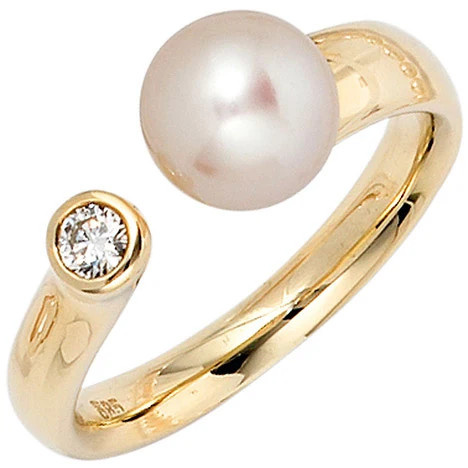 Colfem Ring 585 Gelbgold, Perle, Diamant, Brillant, Damen, Ringgröße 58 - Bild 1