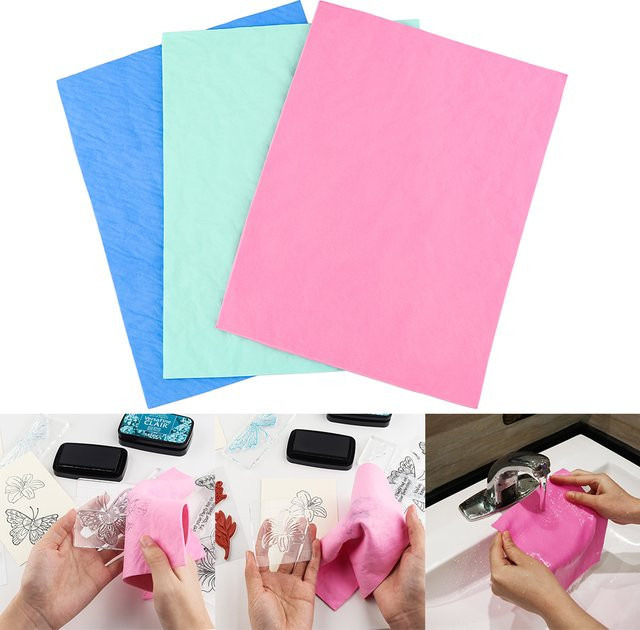 3er-Set Saugfähige Stempel-Shammy Reinigungstücher für DIY-Tintenstempel in Rosa, Blau und Grün - Bild 1