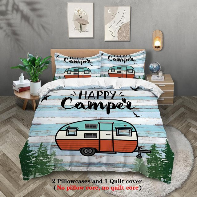 3-teiliges Bettwäscheset JMG Household Supplies mit Happy Camper Waldmuster, Mikrofaser, Mehrfarbig, B/H: 155 x 220 cm - Bild 1
