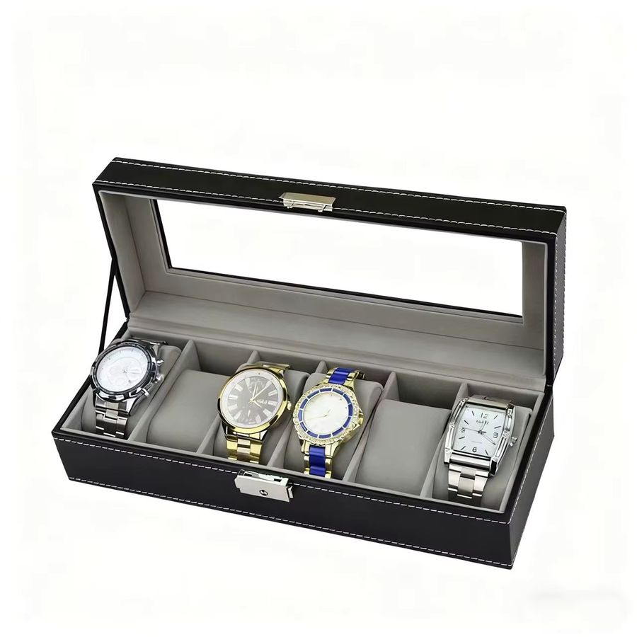 DOKW Uhrenbox aus PU Leder mit Glasdeckel für Männer als Schmuck-Organizer und Vitrine - Bild 3