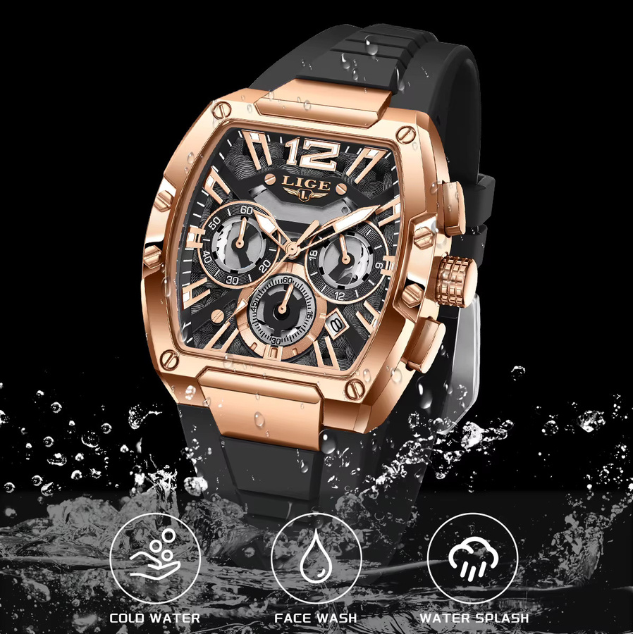 LIGE Armbanduhr Quarz, Silikon, Schwarz, Roségold, Herren - Bild 3
