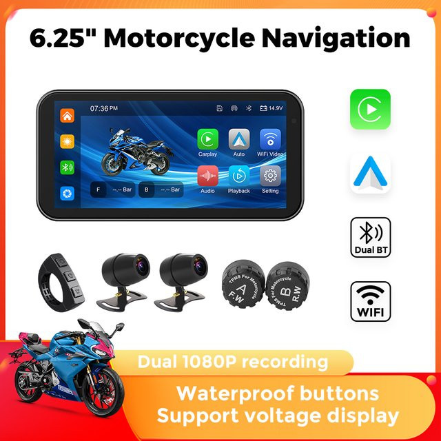 Navifly Motorrad GPS Navigation mit 6,25 Zoll Display, kabelloses CarPlay und Android Auto, Dual Bluetooth, 1080P Kamera Recorder, IP67 wasserdicht, Schwarz - Bild 1