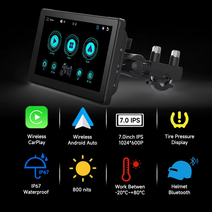 JIUYIN Motorrad-GPS-Navigationsrekorder mit drahtlosem CarPlay und Android Auto, IP67 wasserdichter Multimedia-Player mit Bluetooth, Schwarz - Bild 2