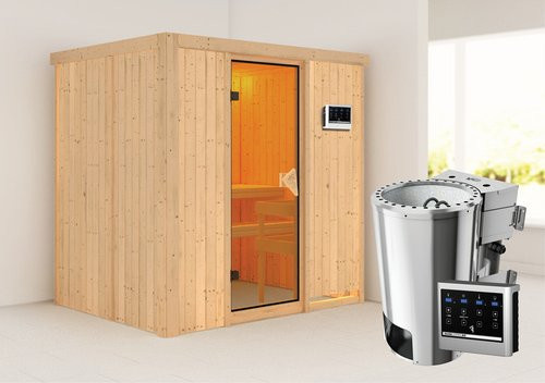 Karibu Sauna Kircholm aus Fichtenholz in Beige inklusive 3.6 kW Saunaofen mit externer Steuerung für 3 Personen B: 198 cm, T: 151 cm, H: 196 cm - Bild 1