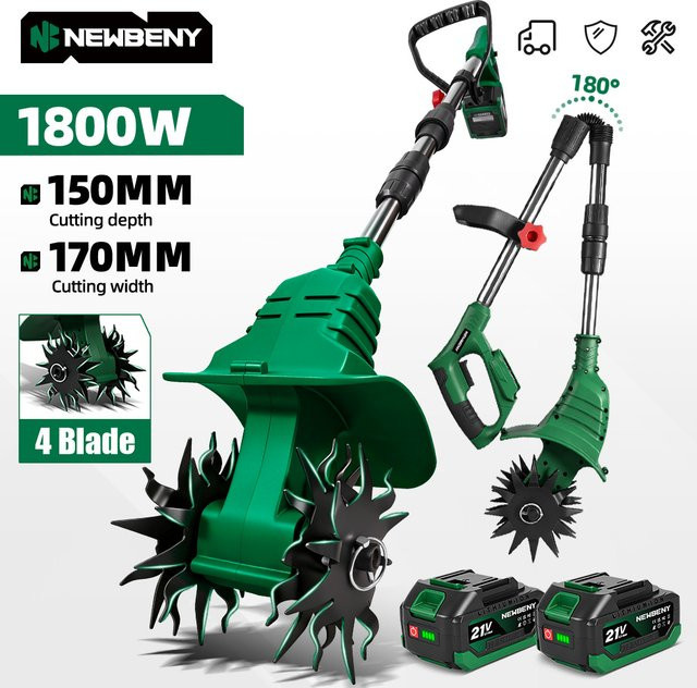 NEWBENY Elektrische Gartenfräse mit 4 Klingen, kabelloser Rasentrimmer für Makita LXT Akkus, Grün - Bild 1