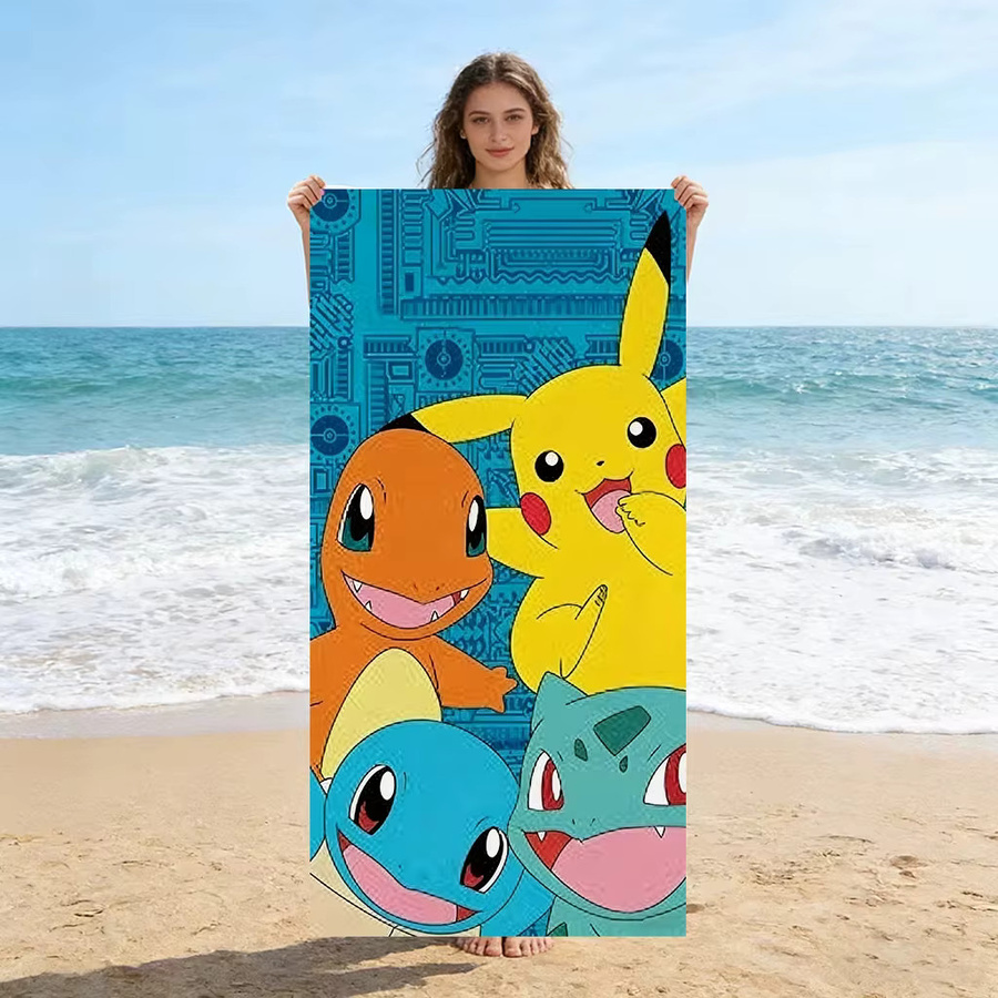 Potdemiel Sky Pokemon Strandtuch für Kinder aus Mikrofaser mit Pikachu- und Starter-Print, schnelltrocknend, Multicolour - Bild 3