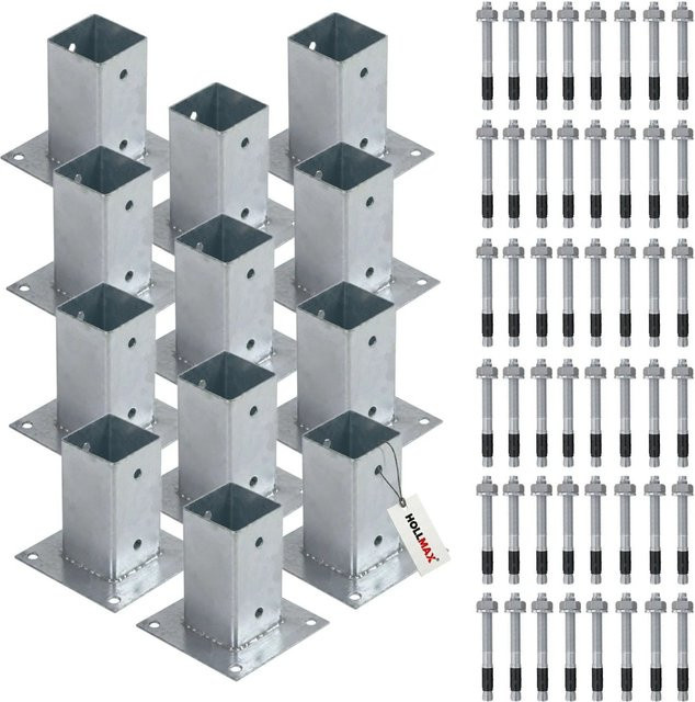 HOLLMAX Pfostenträger Set mit 12 Aufschraubhülsen 71 mm und Schwerlastankern 10 x 100 mm, verzinkt in Silber für Vierkantpfosten - Bild 1