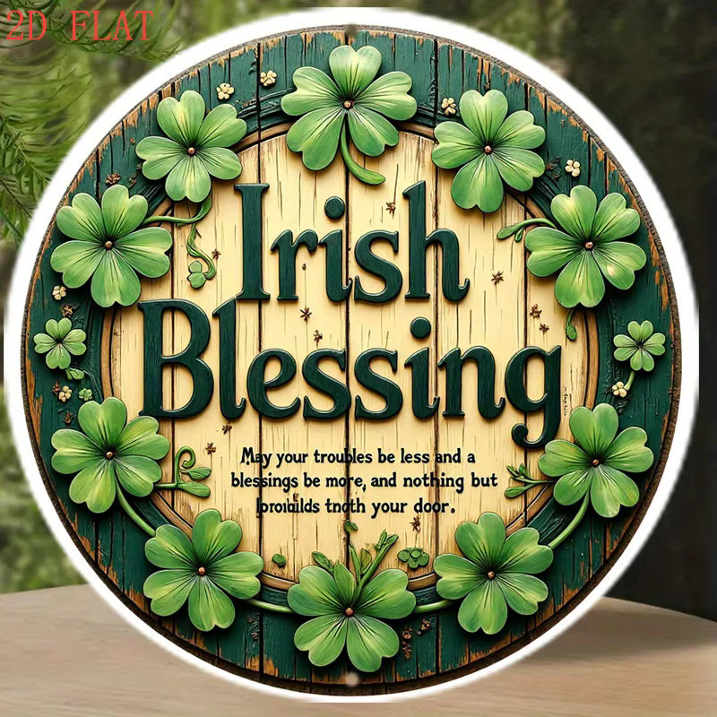 Potdemiel Irish Blessing Good Luck Wanddekoration mit Kleeblatt-Blumenmotiv in Grün und Blaugrün, rundes Metallschild, Durchmesser: 20 cm - Bild 4