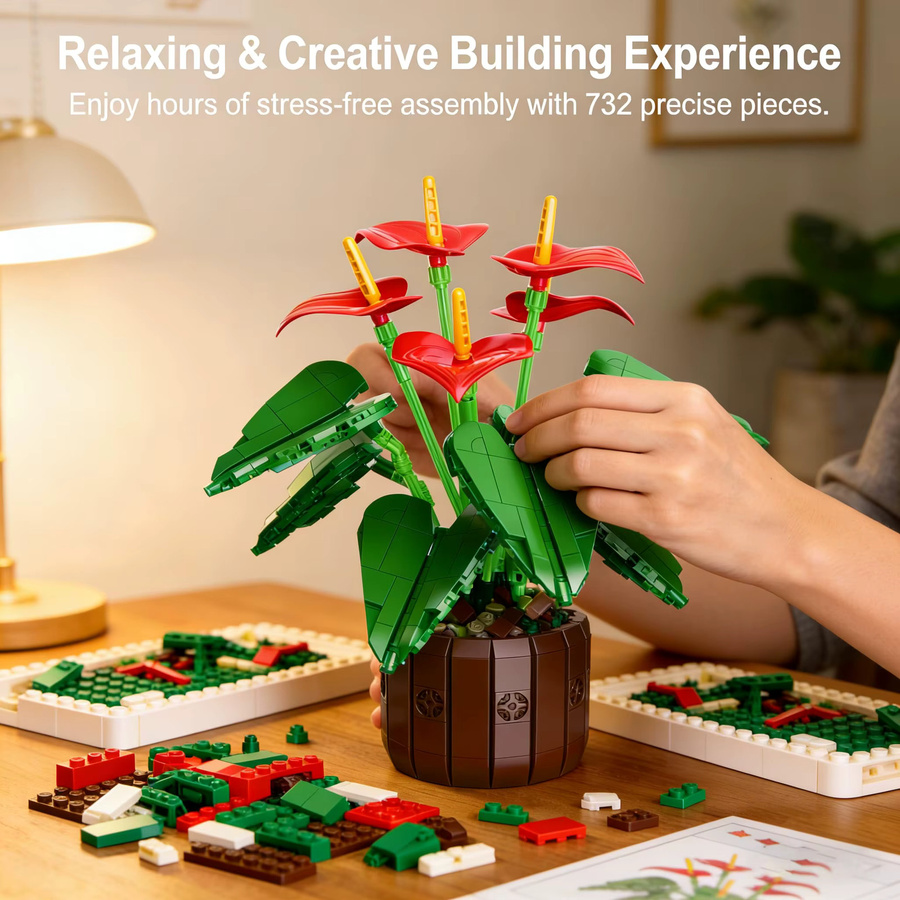 AMAZINGBLOKS Roter Anthurium-Blumen-Bonsai, Baukasten, 732 Teile, ab 14 Jahren - Bild 5