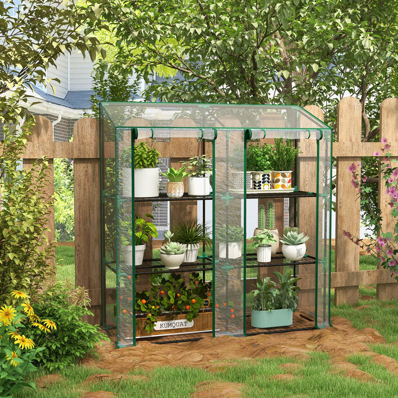 Outsunny Gewächshaus mit Regalen und Doppeltüren aus Stahl, winterfestes Pultdach-Treibhaus für Gemüse und Blumen, Transparent, B/T/H: 143 x 46 x 151 cm - Bild 2