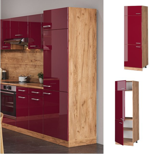 Vicco Kühlumbauschrank R-Line Küchenschrank in Bordeaux und Goldkraft mit Hochglanz-Finish, Breite: 60 cm - Bild 1