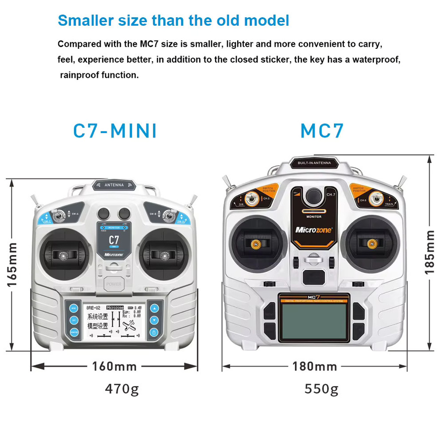 Mikrozone MC7 C7 Mini 2,4g Controller Sender mit MC8RE Empfänger Funksystem für RC Flugzeuge, Drohnen, Multirotoren und Hubschrauber - Bild 2