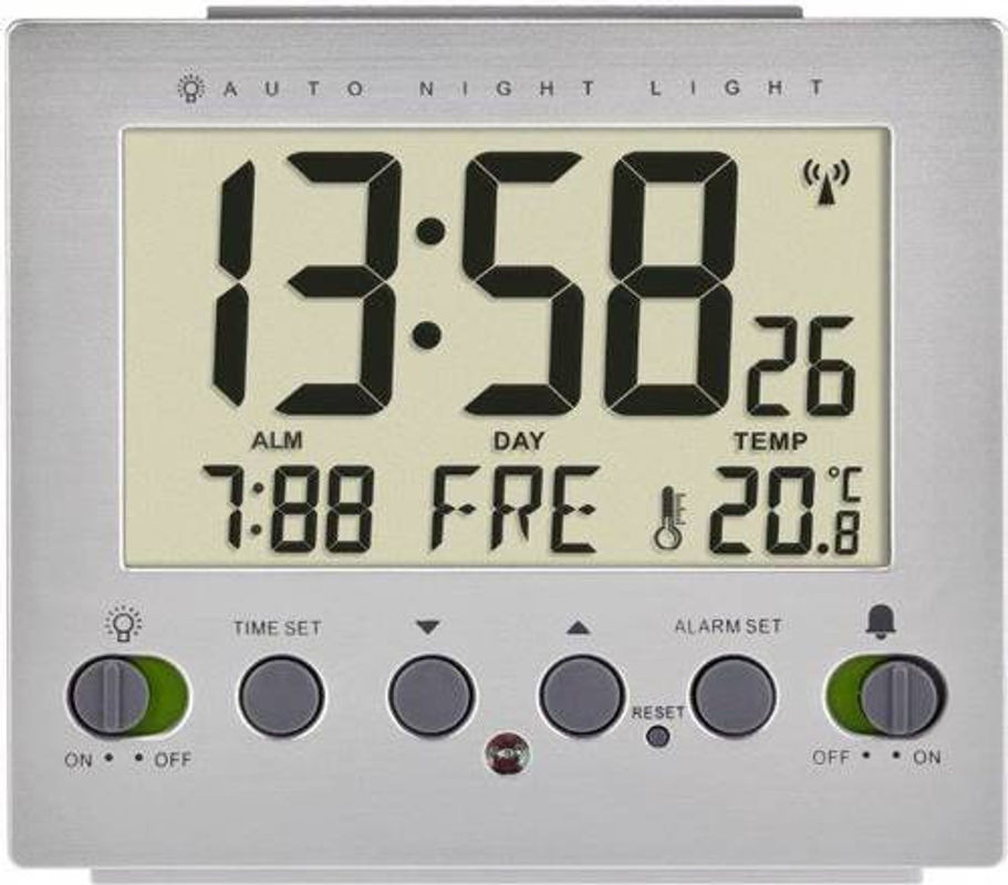 TFA Dostmann Digital Funk Wecker Silber mit Beleuchtung, Thermometer und Datumsanzeige - Bild 1