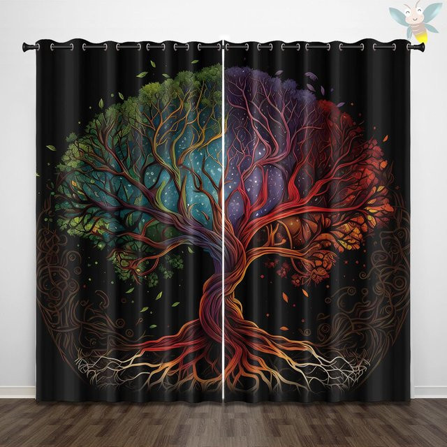 2er-Set Vorhänge mit Lebensbaum-Musterdruck im schwarzen Gothic-Stil, halbtransparent, Breite: 140 cm, Höhe: 160 cm - Bild 1